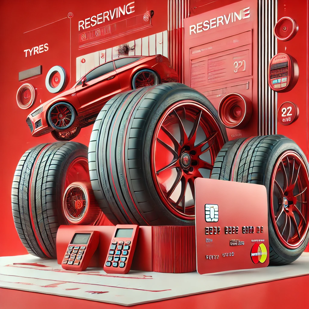 DALL·E 2024 12 12 14.30.45 An ultra realistic promotional image featuring a clean and sleek design in red highlighting the concept of reserving tyres for a promotional sale. Th