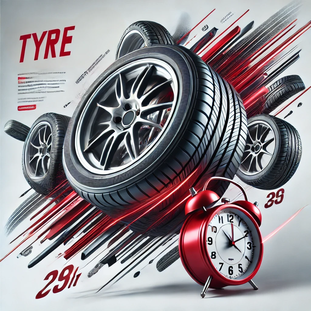 DALL·E 2024 12 12 14.34.35 An ultra realistic promotional image for limited time tyre offers. The visual features a dynamic and sleek design with high quality tyres prominently